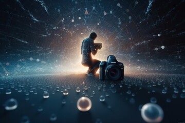Poster - A Man Kneeling Down With A Camera In Front Of Him And Bubbles Around Him Workshop Time-lapse Photography Scientific Photography Generative AI 