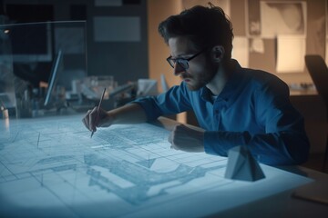 Poster - A Man Is Drawing On A Table With A Pen And Paper Conference Room Advertising Photography Architectural Design Generative AI 