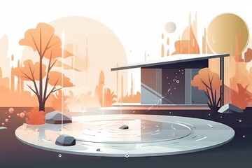 Poster - A Futuristic Landscape With A Fountain And Trees In The Background And A Building In The Distance Aquarium Environmental Art Motion Graphics