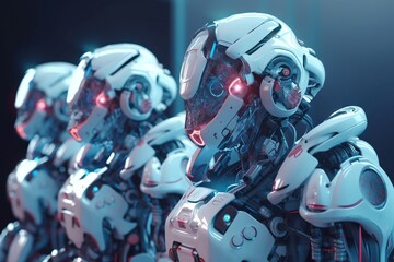 Poster - A Group Of Robot Dogs With Glowing Eyes And Headphones On Factory Animation Robotics Engineering Generative AI 