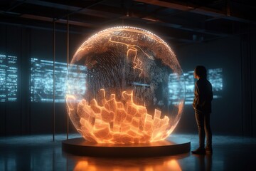 Poster - A Person Standing In Front Of A Glowing Sphere In A Dark Room Art Museum Kinetic Art Motion Graphics Generative AI 