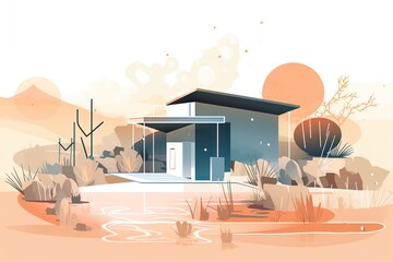 Poster - A House In The Desert With A Pond And Cactus In The Foreground Beach House Environmental Art Smart Homes Generative AI 