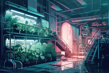 Poster - A Digital Painting Of A Plant Filled Room With Stairs And A Staircase Aquarium Environmental Art Plant Maintenance Generative AI 