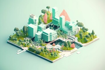 Poster - A Computer Generated Image Of A City With Trees And Buildings On It Bank Animation Motion Graphics Generative AI 