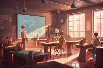 Poster - A Group Of People Standing In A Classroom Next To A Window Classroom Animation Environment