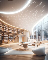 Poster - A Room With A Circular Ceiling And A Table With Chairs And A Book Shelf Library Photorealism Smart Homes