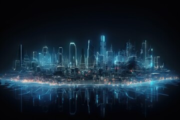 Poster - A City Skyline With A Futuristic Light Effect In The Middle Of It Modern City Skyline At Blue Hour With Animation Supply Chain Optimization Generative AI 