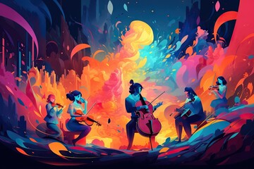 Poster - A Group Of People Playing Instruments In A Colorful Space With A Fire Concert Hall Color Field Painting Instrumental Performance Generative AI 