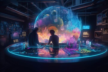 Poster - Two People Sitting At A Table In A Room With A Large Glass Ball Aquarium Animation Set Design Generative AI 