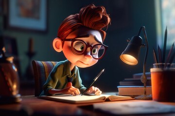 Poster - A Boy With Glasses Is Writing In A Book At A Desk Library Animation Animation Filmmaking Generative AI 