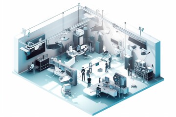 Poster - A Group Of People Standing Around A Room With A Desk And Chairs Newsroom Animation Computer Graphics Generative AI 