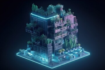 Poster - A Building With Plants Growing On The Top Of It And A Neon Light Urban Rooftop Garden Environmental Art Smart Homesillustration, olive, leaf, backgrounds, nature, bowl, crockery, decoration, appetizer