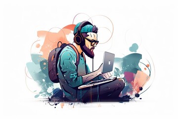 Poster - A Man Sitting On The Ground With A Laptop Computer In His Hands Workshop Graphic Design E-learning Generative AI 