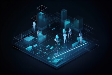 Poster - A Group Of People Standing Around A Futuristic City With Neon Lights Workshop Video Art Hr Analytics Generative AI 