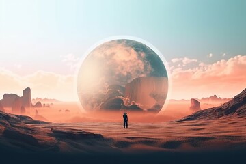 Poster - A Man Standing In A Desert With A Giant Planet In The Background Desert Digital Art Motion Graphics