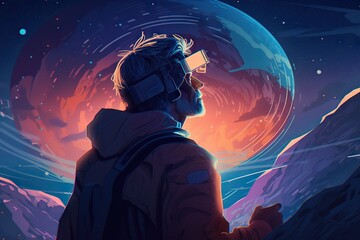 Poster - A Man Looking At A Planet Through A Telescope Lens In The Distance Lunar Landscape Digital Art Exploration Generative AI 
