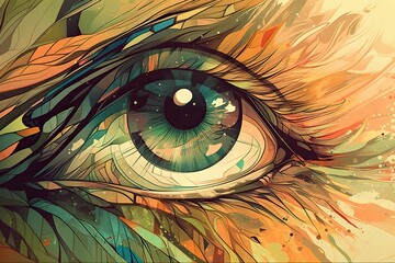 Poster - A Close Up Of A Colorful Eye With Feathers On It's Iris Savanna Photorealism Print Design Generative AI 
