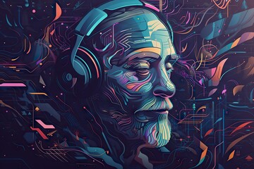 Poster - A Man With Headphones On His Ears And A Colorful Background River Digital Art Headphones Generative AI 
