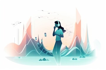 Poster - A Woman Standing In Front Of A City Skyline With A Phone Radio Station Animation Data Analytics Generative AI 