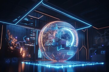 Poster - A Futuristic Room With A Glowing Sphere In The Center Of It Factory Animation Motion Graphics Generative AI 