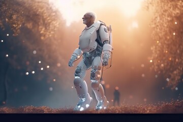 Poster - A Robot Walking Through A Forest With A Person In The Background Park Animation Robotics Engineering Generative AI 