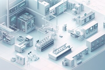 Poster - A Computer And Other Equipment Are Arranged In A 3d Image With A Blue Background Factory Animation Manufacturing Planning And Control Generative AI 