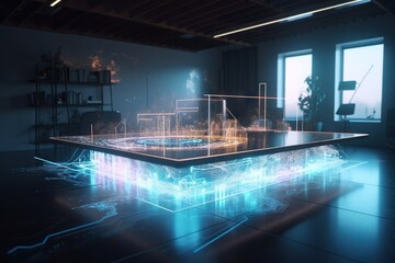 Poster - A Futuristic Table With A Glowing Structure In The Middle Of It Conference Room Video Art Smart Homes