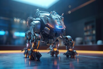 Poster - a robot dog is standing on a table in a room with a blue light arcade animation artificial intellige