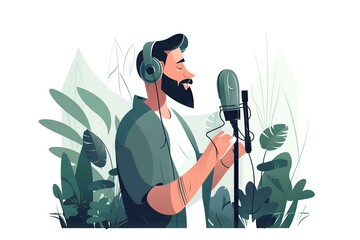 Poster - A Man With Headphones On Is Singing Into A Microphone In A Jungle Recording Studio Animation Vocal Performance Generative AI 