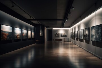 Poster - A Long Hallway With A Lot Of Pictures On The Wall And A Bench Art Museum Fine Art Photography Museums Generative AI 