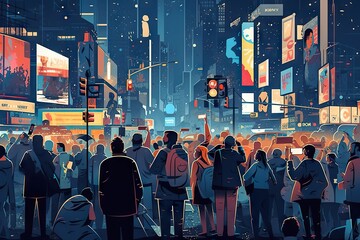 Poster - A Crowd Of People Standing On A Street At Night In A City Modern City At Dusk Animation Digital Illustration Generative AI 