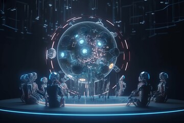 Poster - A Futuristic Display With A Large Sphere Surrounded By Small People And A Large Light Bulb Conference Room Animation Motion Graphics