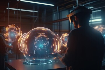 Poster - A Man Standing In Front Of A Glass Ball In A Room Workshop Animation Augmented Reality Generative AI 