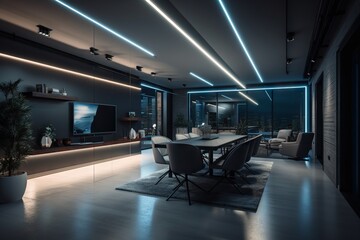 Poster - A Dining Room With A Large Table And Chairs And A Television Living Room Minimalism Smart Home Generative AI 