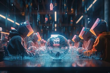 Poster - A Group Of People Sitting Around A Table In A Room With Neon Lights Arcade Animation Artificial Intelligence Generative AI 