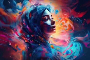 Poster - A Woman With A Colorful Face And A Colorful Background Is Featured In This Painting Graffiti Wall Fauvism Print Design Generative AI 
