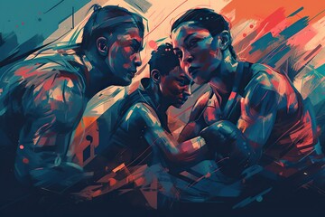 Poster - A Painting Of Three Men In A Group Of Three With One Holding The Other Boxing Gym Mixed Media Digital Illustration Generative AI 