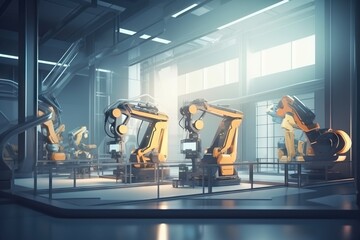 Poster - A Group Of Robots In A Factory With A Window In The Background Factory Animation Manufacturing Planning And Control Generative AI 