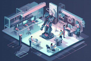 Poster - a robot standing in a room with people working on it and a man standing in the middle workshop anima