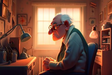 Poster - A Man Sitting In A Chair In A Room With A Desk And A Lamp Library Animation Animation Filmmaking Generative AI 