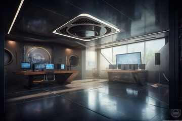 Poster - A Computer Room With A Lot Of Monitors And A Lot Of Desks Conference Room Photorealism Interior Design Generative AI 