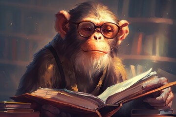 Poster - A Monkey With Glasses Reading A Book In A Library With A Book Zoo Renaissance Science Writing
