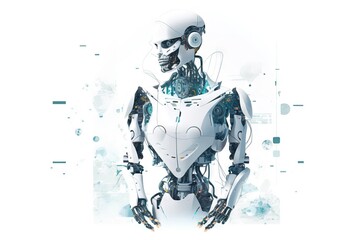 Poster - A Robot Is Standing In Front Of A White Background With Blue Dots River Animation Robotics Engineering