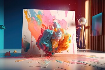 Leinwandbilder - A Colorful Painting Is On A Table With A Wooden Floor And A Blue Wall Volcano Kinetic Art Motion Graphics Generative AI 