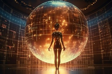 Poster - A Woman Standing In Front Of A Large Ball Of Lights And A Disco Ball Factory Video Art Artificial Intelligence