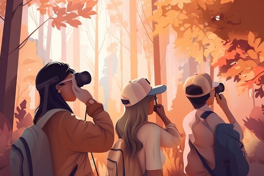 Two People Are Looking Through Binoculars In The Woods While The Sun Shines Autumn Forest Stereoscopic Photography Group Travel Generative AI 