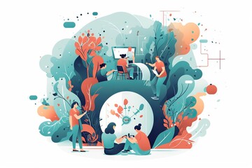Poster - A Group Of People Standing Around A Giant Clock In The Middle Of A Forest Workshop Graphic Design Social Innovation Generative AI 