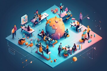 Poster - People Are Gathered Around A Large Globe In A Room With A Blue Background Workshop Graphic Design Hr Analytics Generative AI 