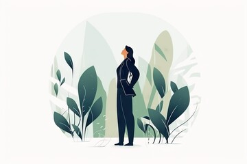 Poster - A Man Standing In Front Of A Forest With Green Leaves On It Forest Environmental Art Workplace Wellness Generative AI 