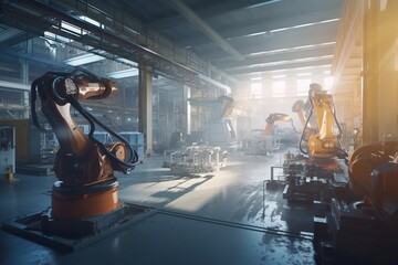 Poster - A Factory With A Robot And Other Machinery In It's Workshop Factory Animation Robotics Engineering Generative AI 